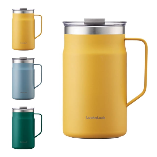 LocknLock - Taza Metro de acero inoxidable 18/8 con doble pared aislada con asa, perfecta para mesa con tapa, amarillo, 20 onzas