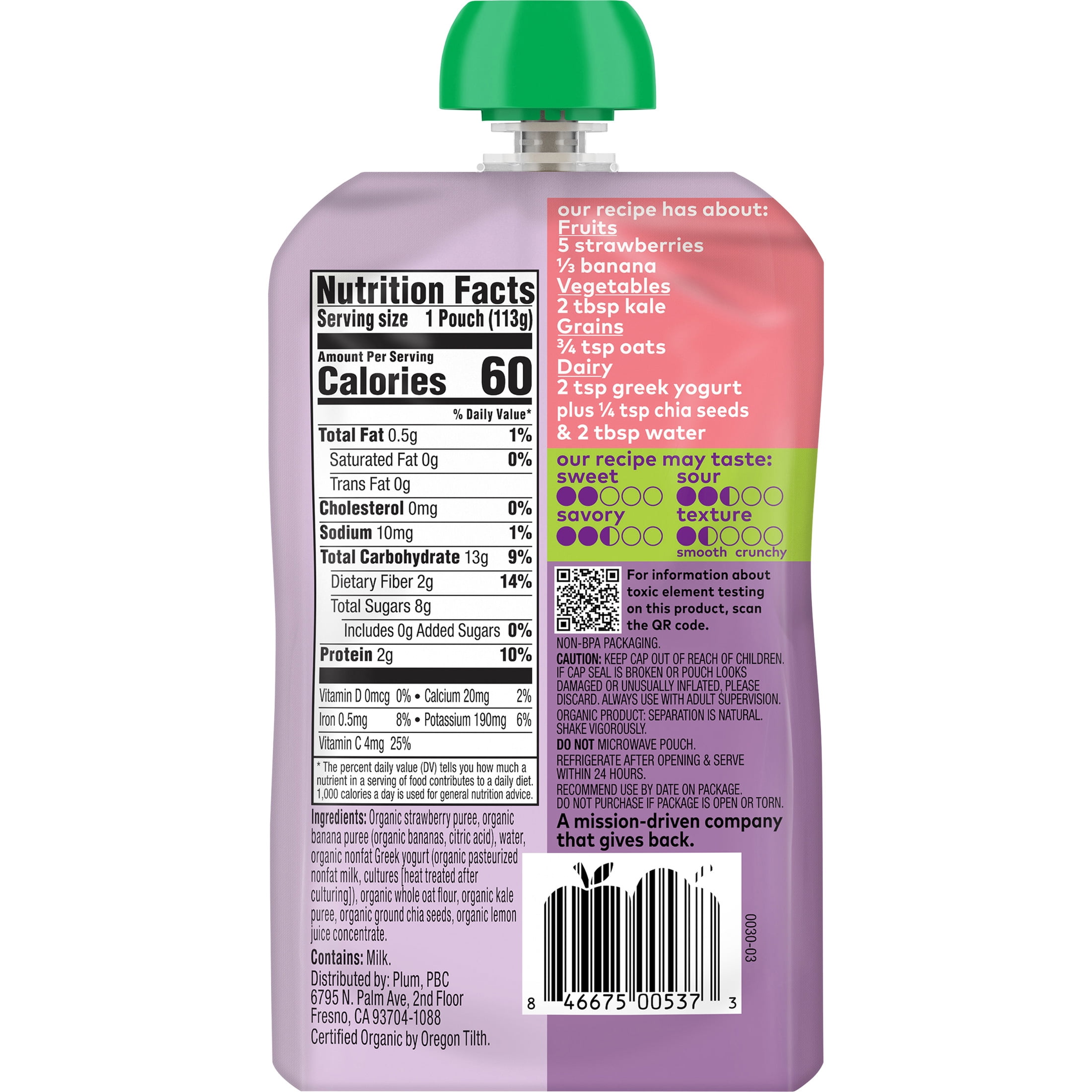 Plum Organics® Tots Mighty 4 Food Group Blend Strawberry, Banana, Greek Yogurt, Oat + Kale 4oz Pouch