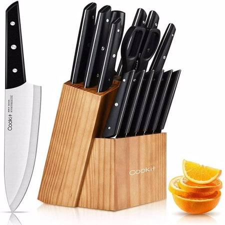 

Knife Block Set with Knives 15 Piece Kitchen Knife Sets with Wood Block Professional Chef Knives High-Carbon Stainless Steel Cutlery Set with Knife Sharpener Meat Scissors