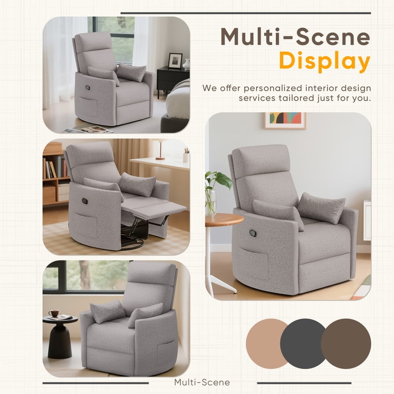Homall 360° Swivel Nursery Recliner Power Swivel Rocker Recliner Chair with 2 Pillows Comfy High Back Adult Glider Rocker for Living Room,Loop Yarn Gray