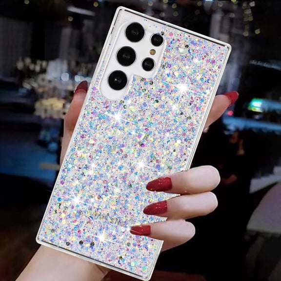 Phone Case for Samsung Galaxy S25 Ultra Glitter Cute Sparkly Shiny Bling Sparkle Luxury Phone Cases, Thin Slim Fit Anti-Scratch,Shockproof Rubber Protective Cover for Women Girls Girly,White