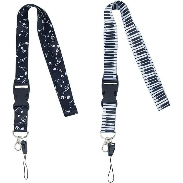 Cordón con notas musicales en 2 colores, porta llaves desmontable, cordón para el cuello con hebilla y gancho de liberación rápida, blanco y negro.
