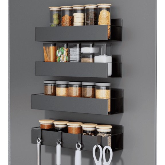 PHANCIR 4 PCS Magnetic Spice Rack Organizer, Movable Kitchen Storage Rack with Hooks, Black