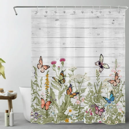 HVEST Butterfly and Flower Shower Curtain,Rustic Wild Flowers and Colorful Butterflies on Farmhouse Plank Bathroom Shower Curtain Herb Polyester Fabric Decor Curtain with Hooks, 60X72 inch