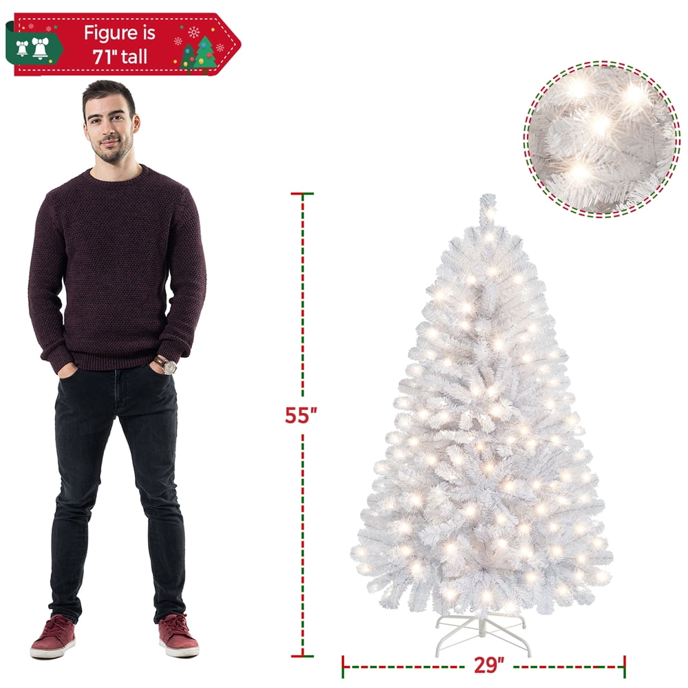 Alden Design 4.5ft Pre-lit Flocked Artificial Christmas Tree with Foldable Stand, White