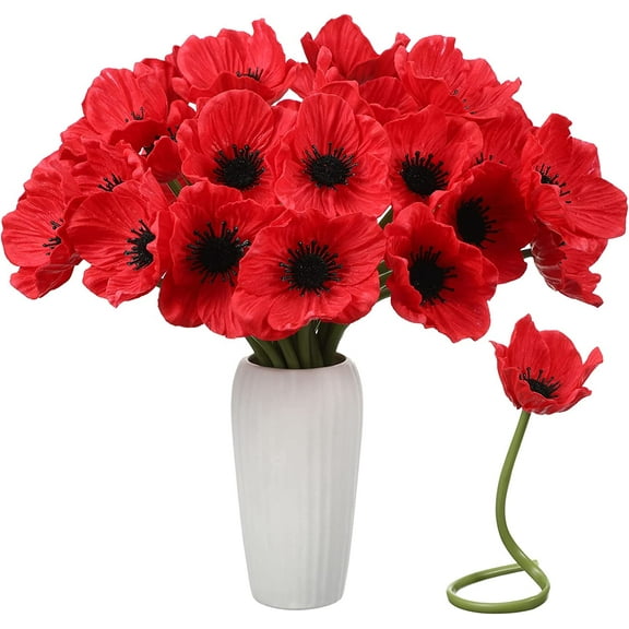 MAMOWEAR Artificial Flowers PU Real Touch Poppy Silk Flowers Faux Poppy Anemone Stems Fake Flowers Table Centerpiece for Home Wedding Memorial Day Décor(Red)