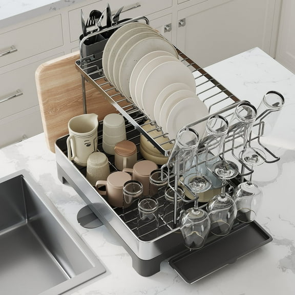 LEDREM 2-Tier Dish Drying Rack - Stainless Steel with Rotating Drain Spout, Holds Plates, Bowls, Cups, Utensil & Cutting Board Organizer, Silver and Black