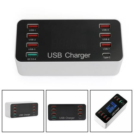 Smart USB Charger Fast Wall Charging Station, 8-Port Multi 3.0 USB Type C Port Charger Hub (iPhone, iPad, Huawei, Samsung Galaxy)