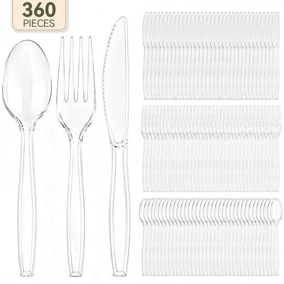 TINANA 360-Piece Clear Plastic Cutlery Set, 120 Forks, 120 Spoons & 120 Knives, Disposable Flatware for Parties & Catering