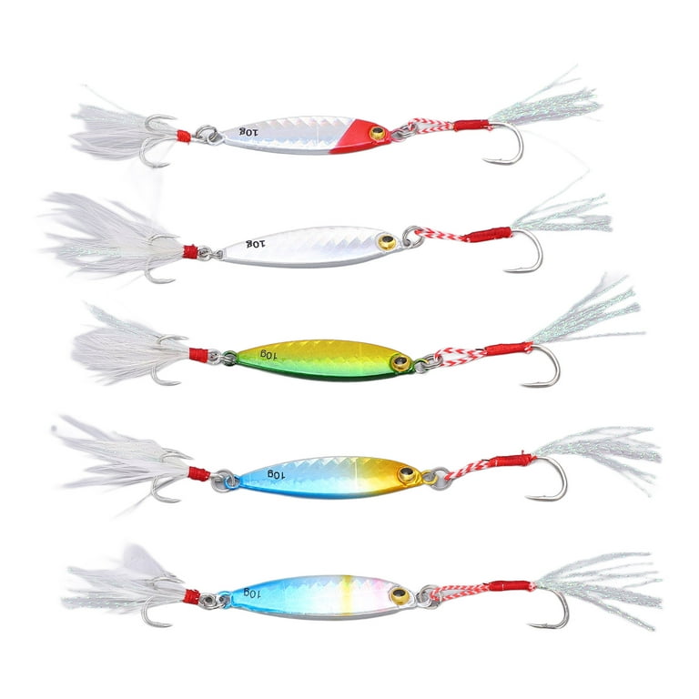 Fishing Jig Heads Fishing Hooks, 5Pcs 10g Jig Fishing Lure Metal Jig Baits  Artificial Lure with Feather Hooks Fishing Tackles for Bass