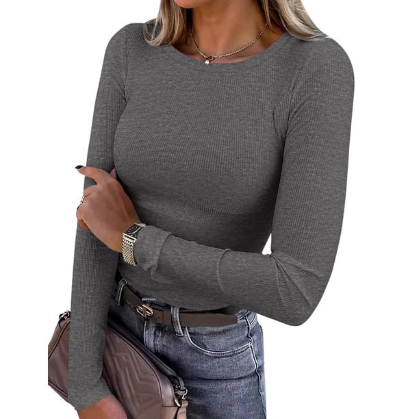 Remera Básica Ajustada de Punto Acanalado de Manga Larga PRETTYGARDEN para Mujer
