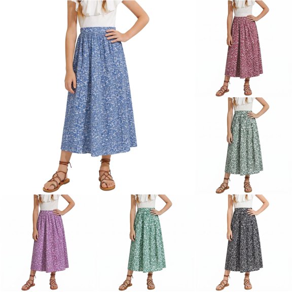 Girls Floral Print Long Skirt Bohemian Style A-Line Maxi Skirts for Summer Vacation Beach Casual Outfit