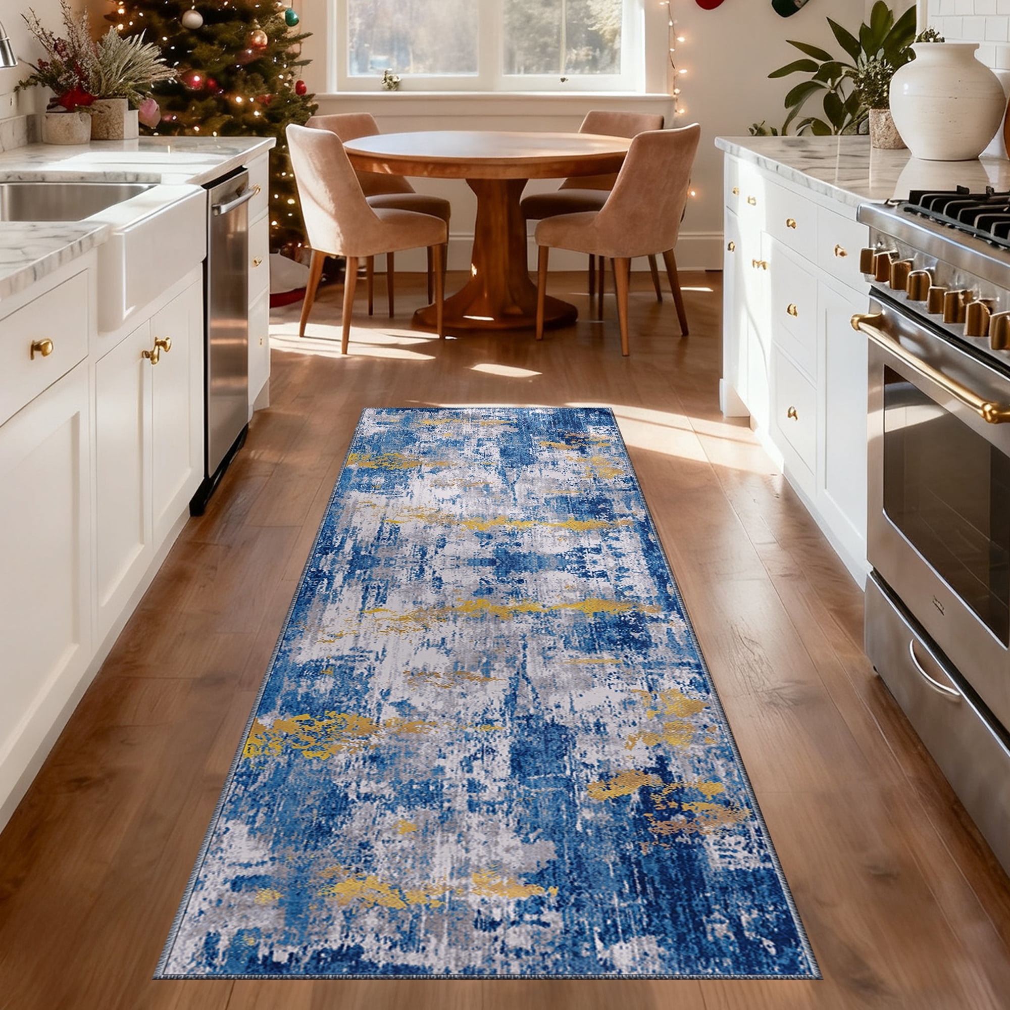 NewBuros 2'x6' Washable Runner Rugs for Hallway, Modern Abstract Low Pile Soft Non-Slip Indoor Runner Rugs for Kitchen Entryway, Blue Gold