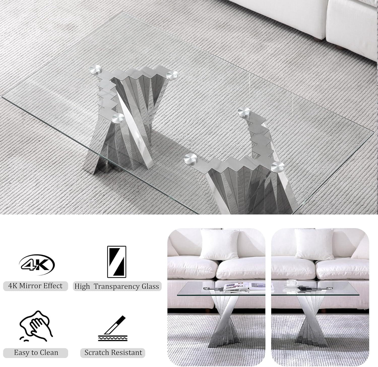 51" Glass Coffee Table with Rectangular Tempered Glass Top & Flash-Shaped Irregular Stainless Steel Base, Central Table, Cocktail Table, Tea Table for Living Room, Office.