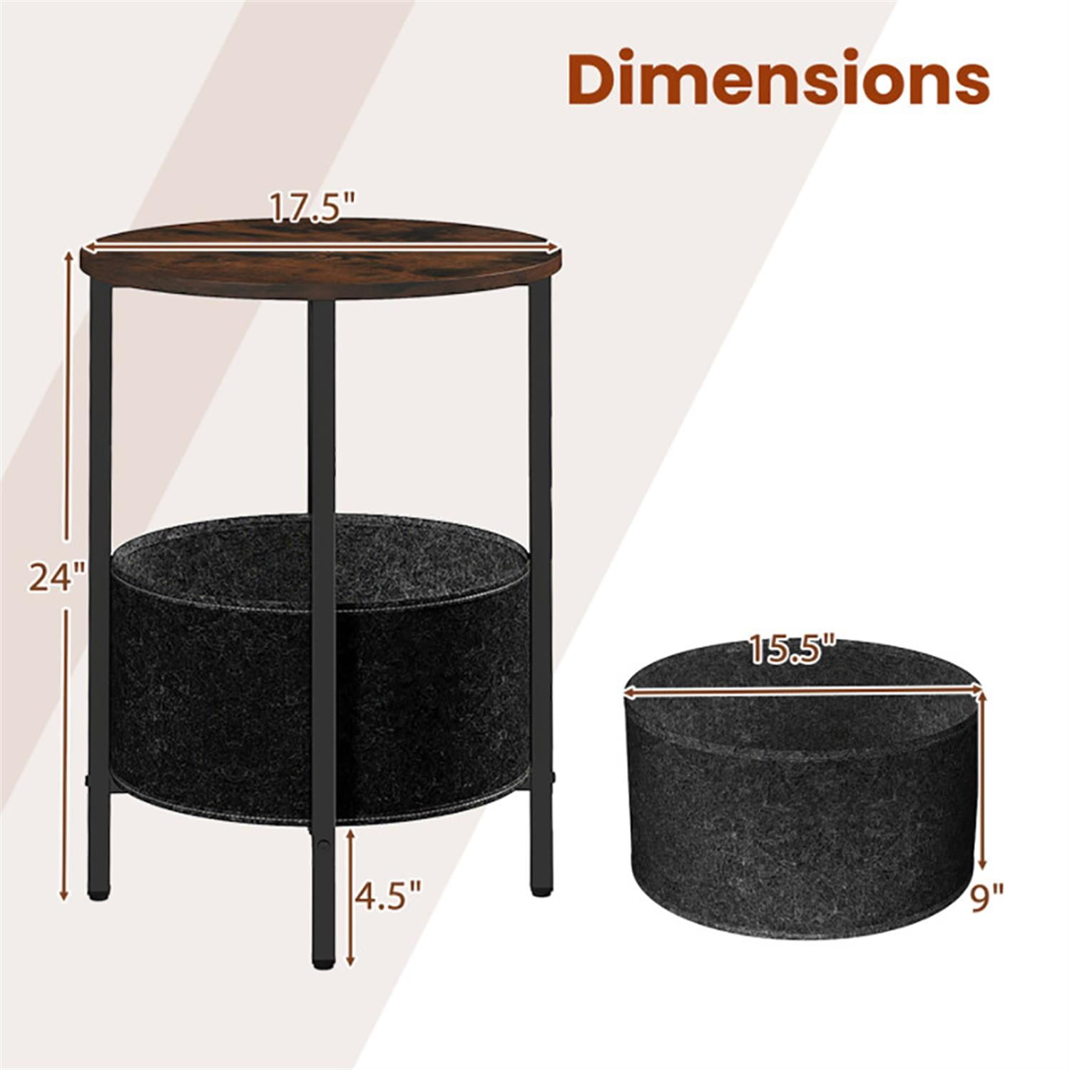 Demi Bonn Round Sofa Side Table, 2-Tier End Table with Removable Fabric Basket and Metal Frame, Nightstand for Small Spaces, Living Room, Bedroom, Brown