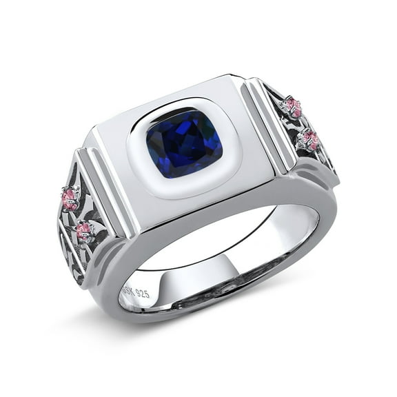 Gem Stone King 2.53 Ct Cushion Blue Created Sapphire Pink Lab Grown Diamond 925 Silver Men'S Ring (Size 11)