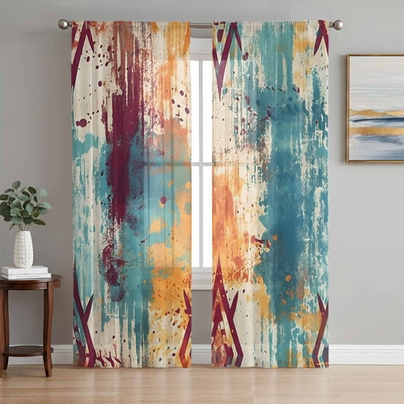 Boho Orange Teal Red Semi Sheer Window Curtains 72 Inches Long, Modern Abstract Splashing Art Rod Pocket Voile Silky Chiffon Curtain Light Filtering Drapes for Living Room, Kitchen, 52"x72", 2 Panels