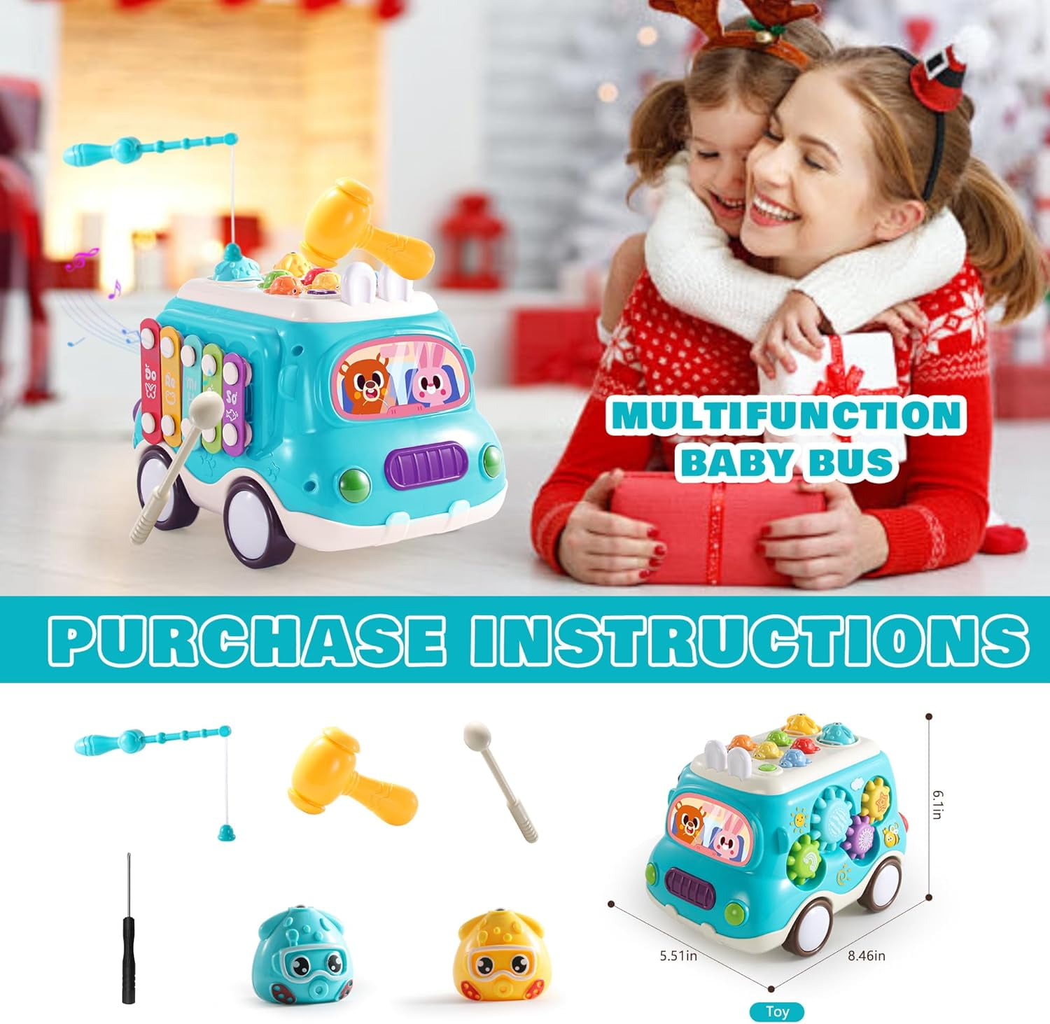 Baby Montessori Toys,6-in-1 Musical Bus Toys for Toddlers,Montessori Sensory Toys with Xylophone,Whack A Mole,Fishing Game,Montessori Sensory Toys for 2 3 4 Year Old,1st Birthday Gifts for Girls Boys