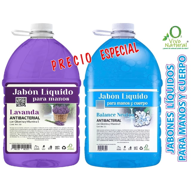 Duo Balance Neutro - Lavanda VivoNatural Jabón Líquido Antibacterial para manos y cuerpo 5 litros