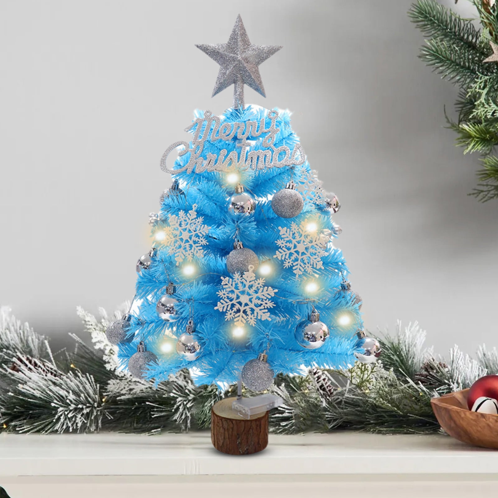 Mini Sapin De Noël Artificiel 45 Cm Avec Décorations Et Guirlande Lumineuse - Bleu Ou Rose