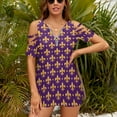 thumbnail image 3 of Purple And Gold Fleur De Lis Womens Summer V Neck Zipper Top Short Sleeve T Shirt Off Shoulder Top Casual Classy Loose Shirts, 3 of 7