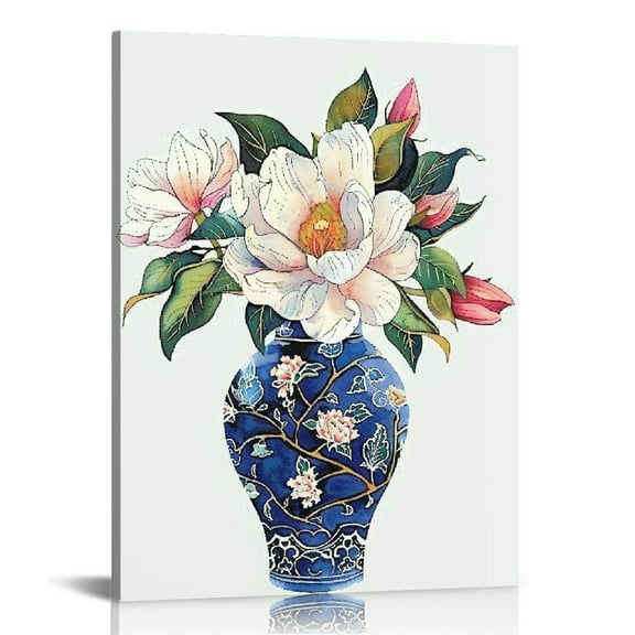 JRXY Blue and White Vases Wall Art Flower Vase Canvas Magnolia Flower Wall Art Chinoiserie Pictures Watercolor Floral Artwork Blue and White Chinoiserie Art for Living Room 12x16 in