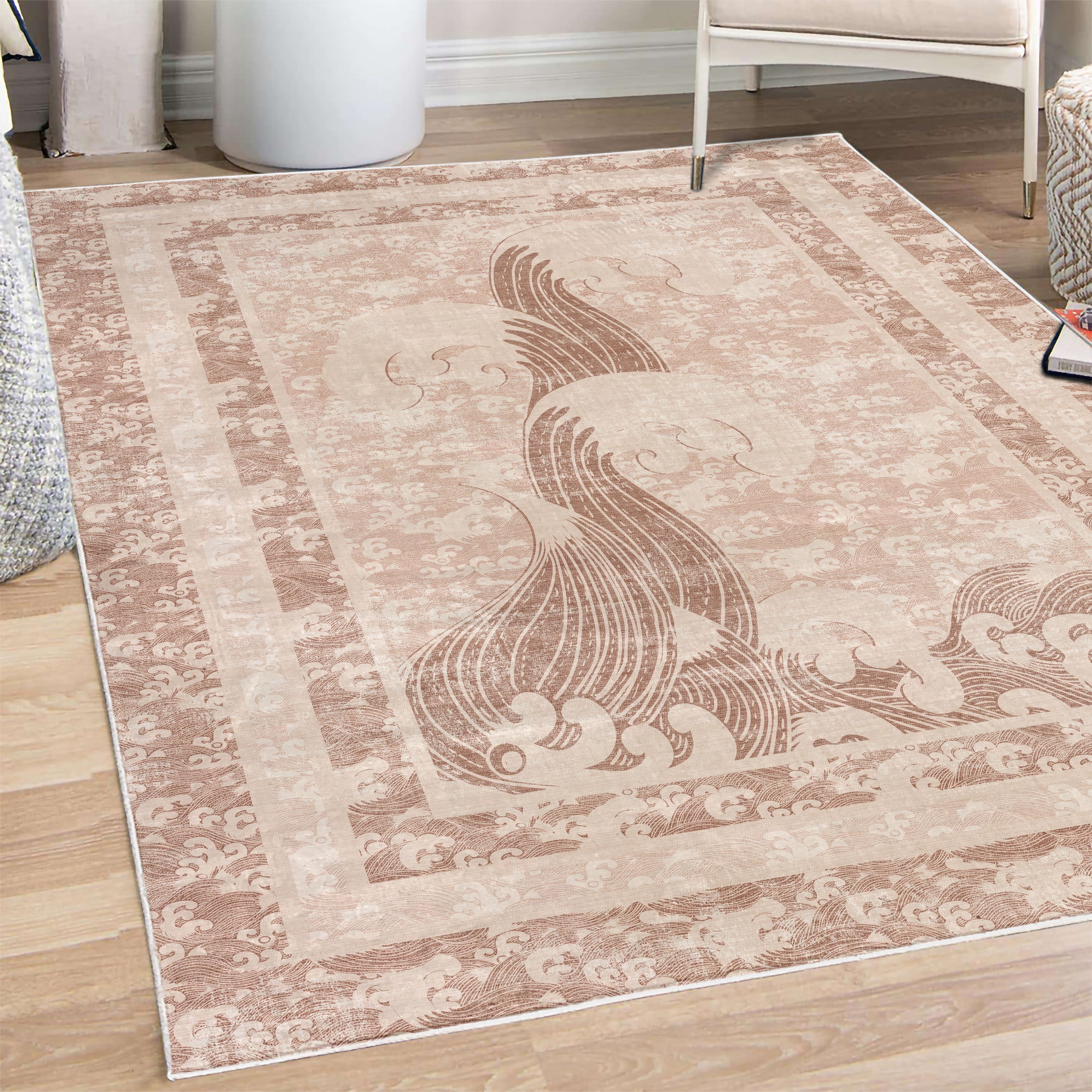 Japanese Patterned Rug Asian Decorative Rug, Pastel Ethnic Japanese Waves Pattern Curving ...