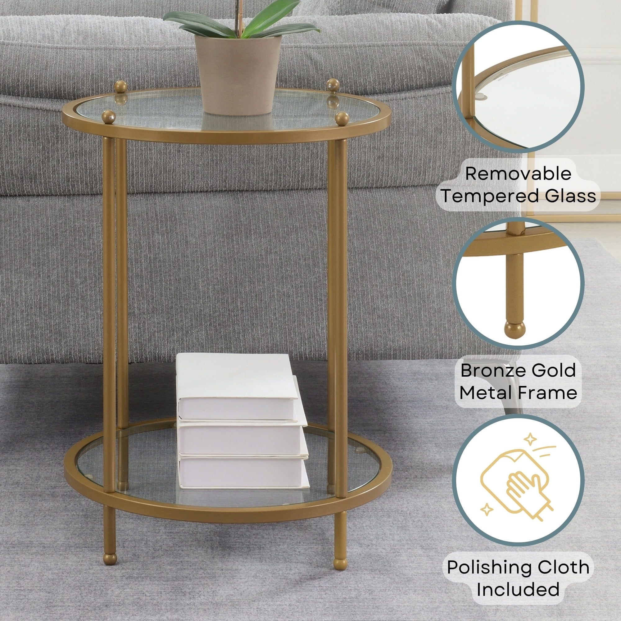 Convenience Concepts Royal Crest 2 Tier Round Glass End Table with Shelf, Bronze Gold