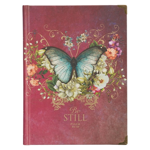 Christian Art Gifts Butterfly Journal w/Scripture Be Still Psalm 46:10 Bible Verse Road/288 Ruled Pages, Large Hardcover Pink Notebook