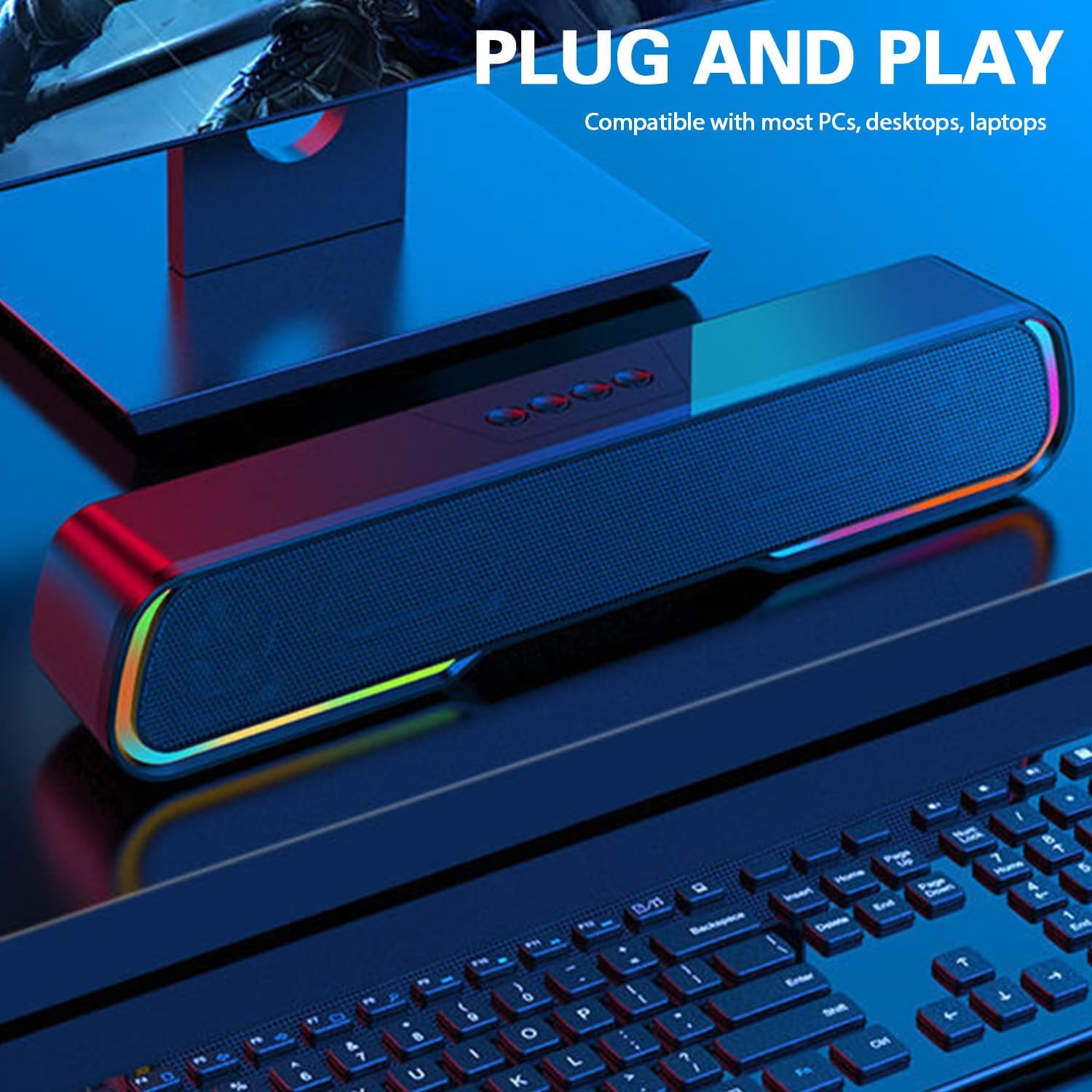 Computer Speakers, HiFi Stereo Desktop Soundbar, Dynamic RGB PC Gaming Speaker, Bluetooth 5.0 & 3.5mm Aux Wired Compact Sound Bar for Desktop, Projectors, Tablet, Phones, Black
