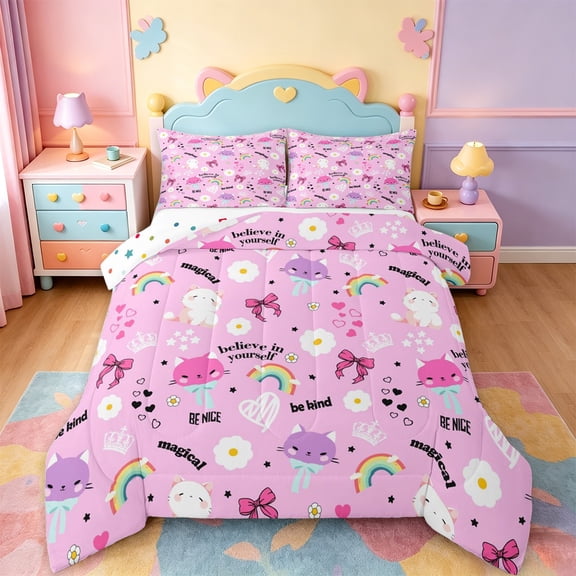 jejeloiu Pink Coquette Bow Full Size Comforter Sets Kids,Cute Cartoon Cat Bedding Sets For Girls,Reversible,3pcs