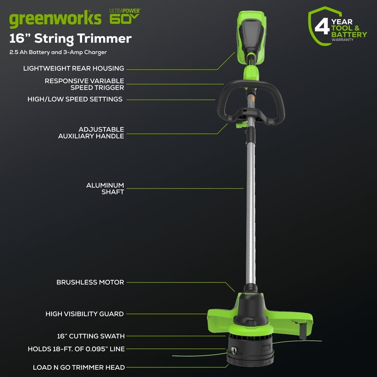 Greenworks 60V 16” Front Mount String Trimmer + 2.5Ah Battery & 3A