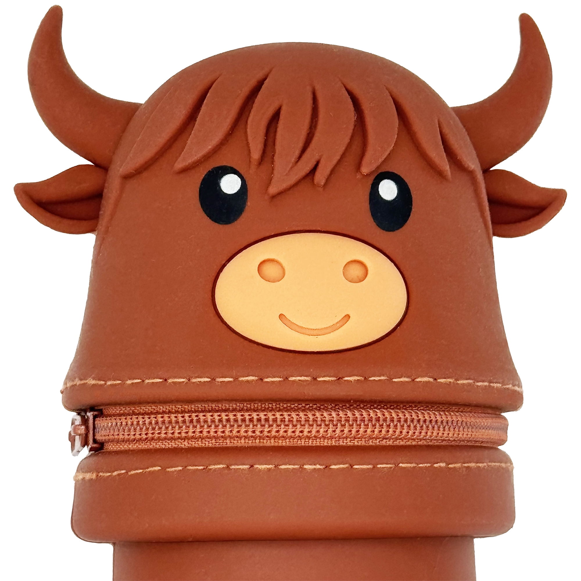 Little Yellow Bicycle: Retractable Pencil Case - Highland Cow - Cute Animal Character, Zipper Carry Pouch, Silicone, School Supplies & Utensil Storage