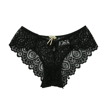 

PERZOE Briefs Women Briefs Hollow Out See-through Lace Thin Bow-knot Sexy Mid Waist High-elasticity Lady Underpants for Daily Wear