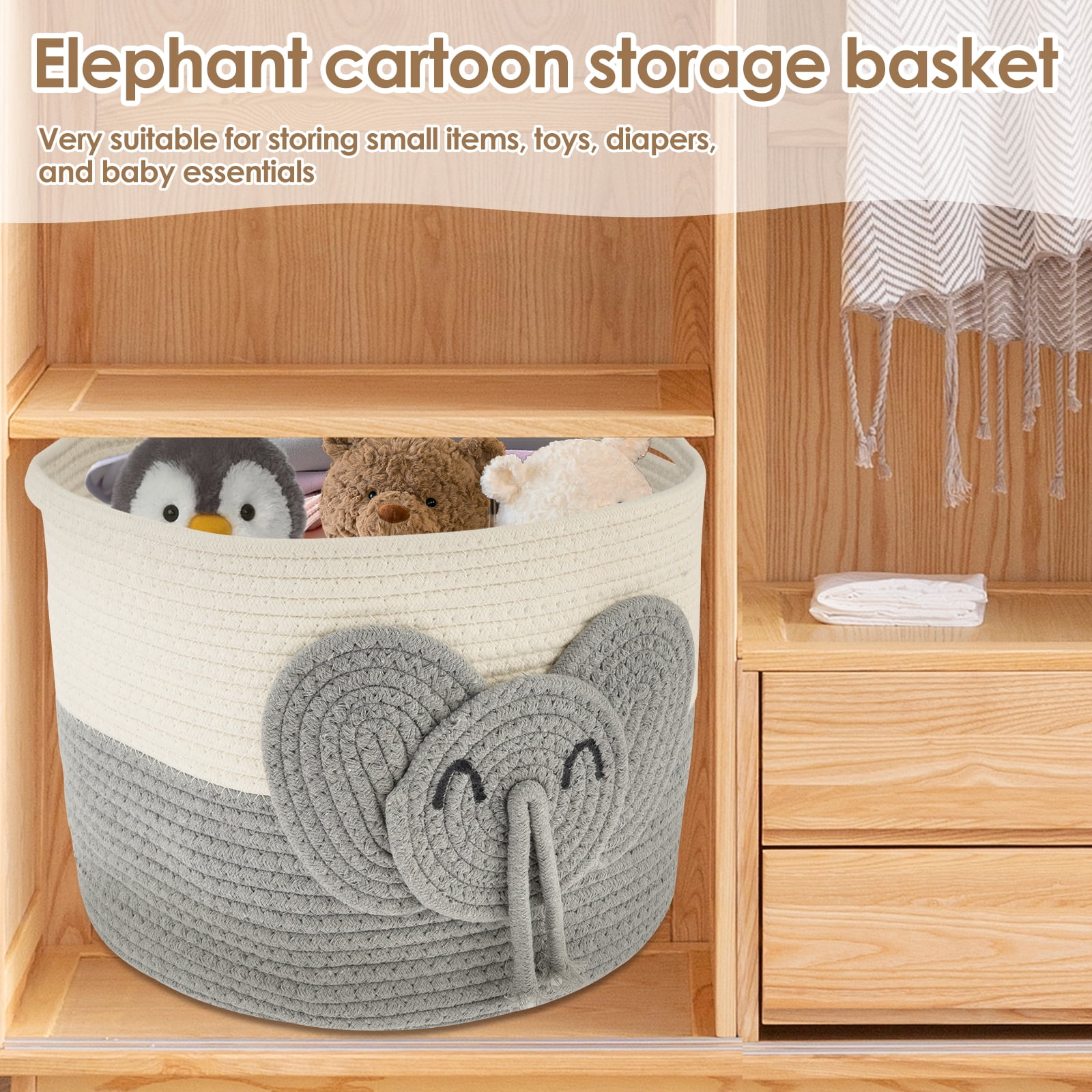 AEVXKHI Cute Laundry Basket Hamper, Versatile Toy Storage Basket, Elephants Cotton Rope Basket, Safe Cotton Rope Basket Soft Toy Storage Woven Baskets
