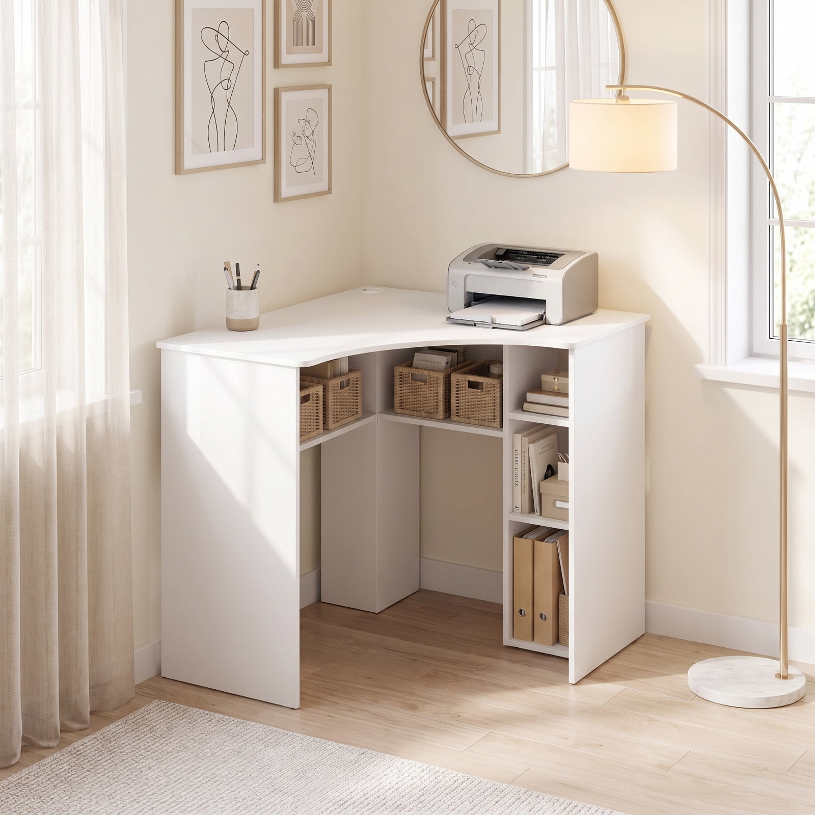 Furnibear Corner Computer Desk with Adjustable Shelf and Arc-Shaped Profile Triangle Home Office Desk with Open Shelves for Study, White
