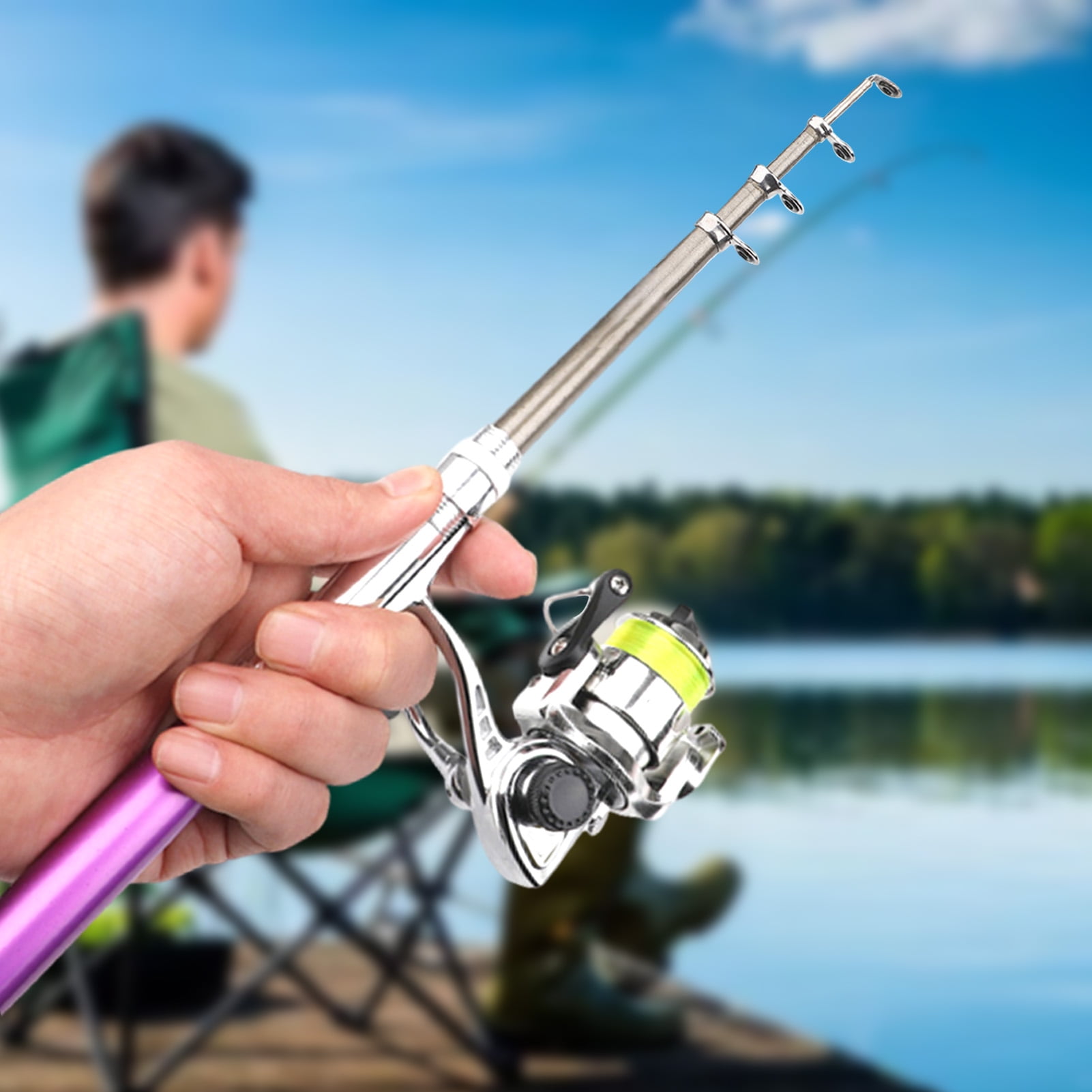 Opolski 1.6m Pen Shape Telescopic Mini Fishing Pole Rod with Metal Spinning Reel Wheel