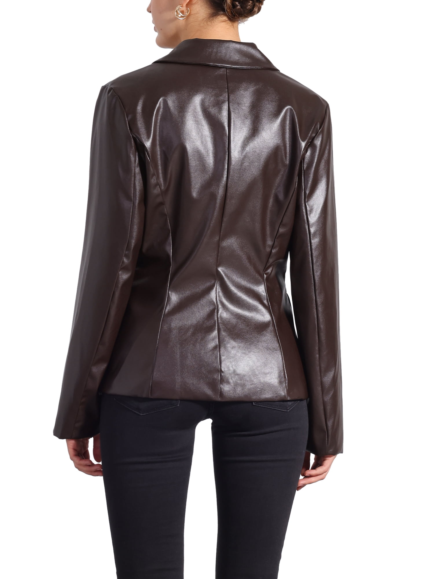 INSPIRE CHIC Women's Notched Lapel Faux Leather Blazer Double Breasted PU Work Formal Jackets