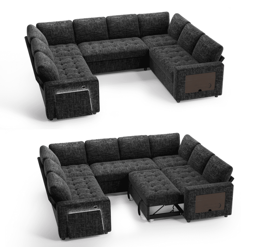 8-Seat Large U Shaped Modular Sectional | Pull Out Bed Sleeper Sofa Dark Black/ Reclining Backrest, USB Ports, LED Light & Storage Seat - Tool-Free Assembly