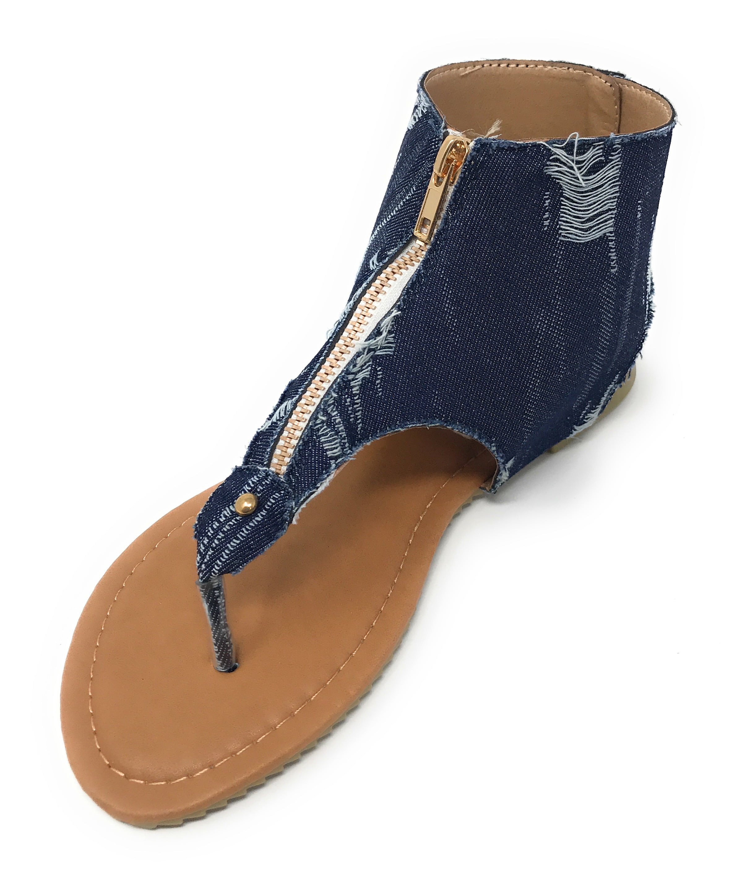 Victoria K Women's Distress Denim Zip Front Sandals