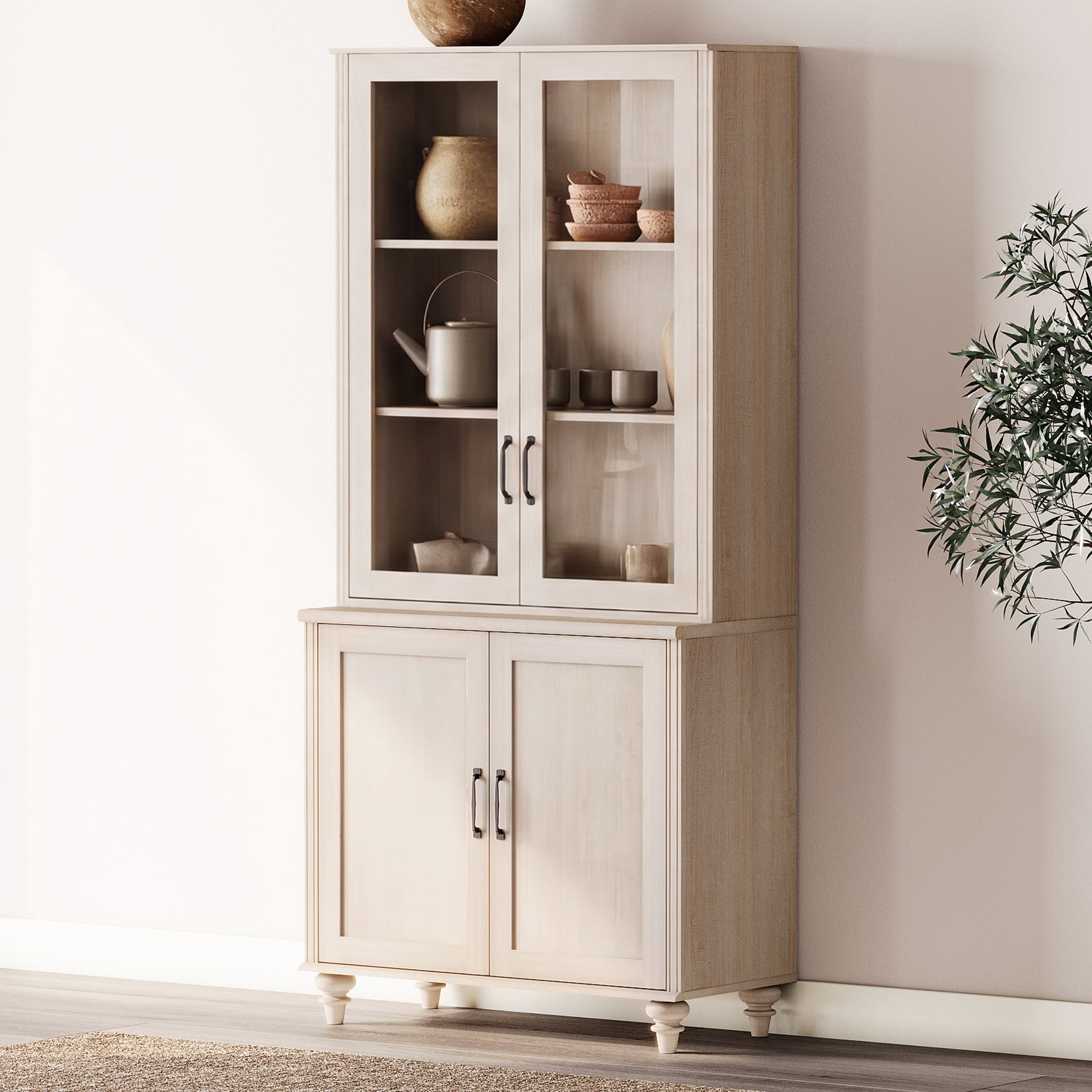72.1"H × 33.9"W Large Farmhouse Wooden Bookcase with Glass Doors & Shelves, Storage Cabinet Bookcase for Living Room, Bedroom, Home Office & Kitchen, Beige