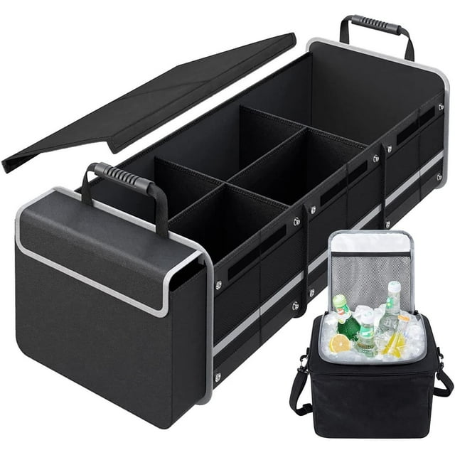 Organizador para el Maletero del Coche Almacenamiento de Maletas Impermeables, con Bolsa de Refrigeración Térmica y a Prueba de Fugas, Tapa Plegable, Cinturón de Fijación Ajustable