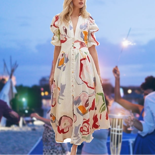 Vestido De Mujer Vestido elegante con cuello en V Maxi Dress Vestidos Moda suave para boda (Blanco M) Kuymtek para Mujer Blanco T M