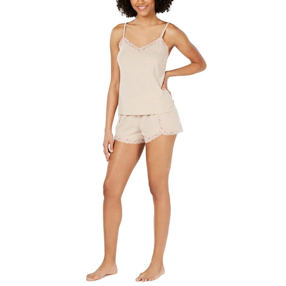 INC International Concepts Women's Lace Trimmed Sparkle 2pc Camisole and Sleep Short Set, Cashew Butter, X-Small