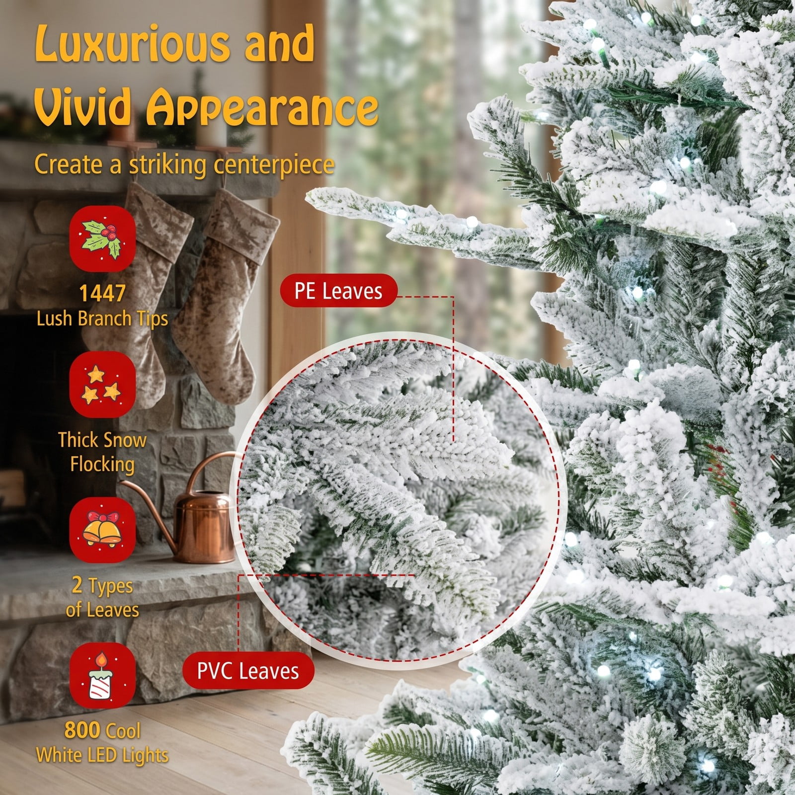 RUIE 8FT Snow Flocked Artificial Christmas Tree, Pre-Lit 800 Cool White LED Lights with Remote, Timer & Hinged Branches, Tall Holiday Tree, Green & White