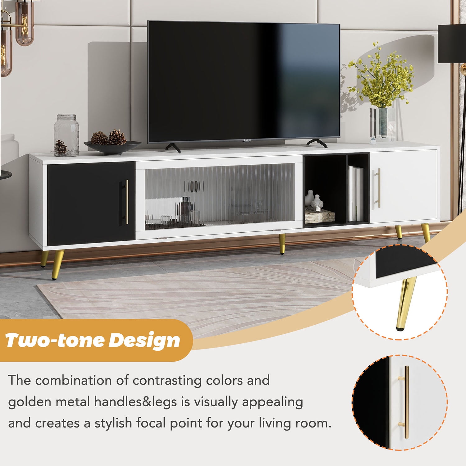 Kadyn Glass Door TV Stand Console, TV Entertainment Center with Golden Metal Handles&Legs for TVs Up to 80", White Kadyn Glass Door TV Stand Console, TV Entertainment Center with Golden Metal Handles&Legs for TVs Up to 80", White