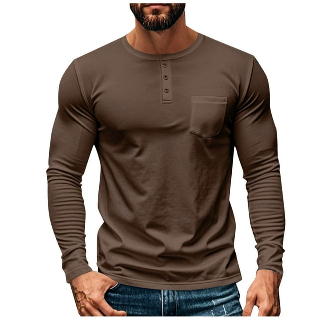 Qtocio Men's Tops,Solid Color Casual Pocket Button Collar Neck Shirt Base Layer Long Sleeve Crew Neck Tee