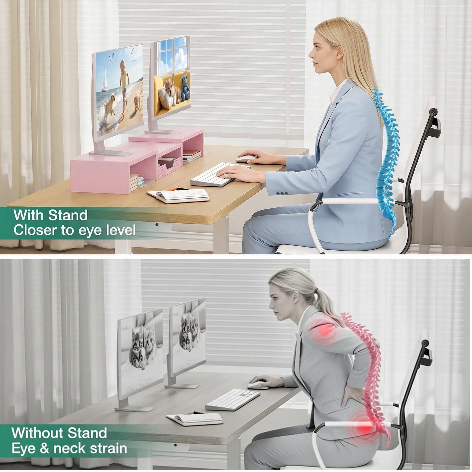 Desk Organizers And Accessories  Dual Computer Monitor Stand Riser With Drawer Office Decor For Women & Workspace Pink