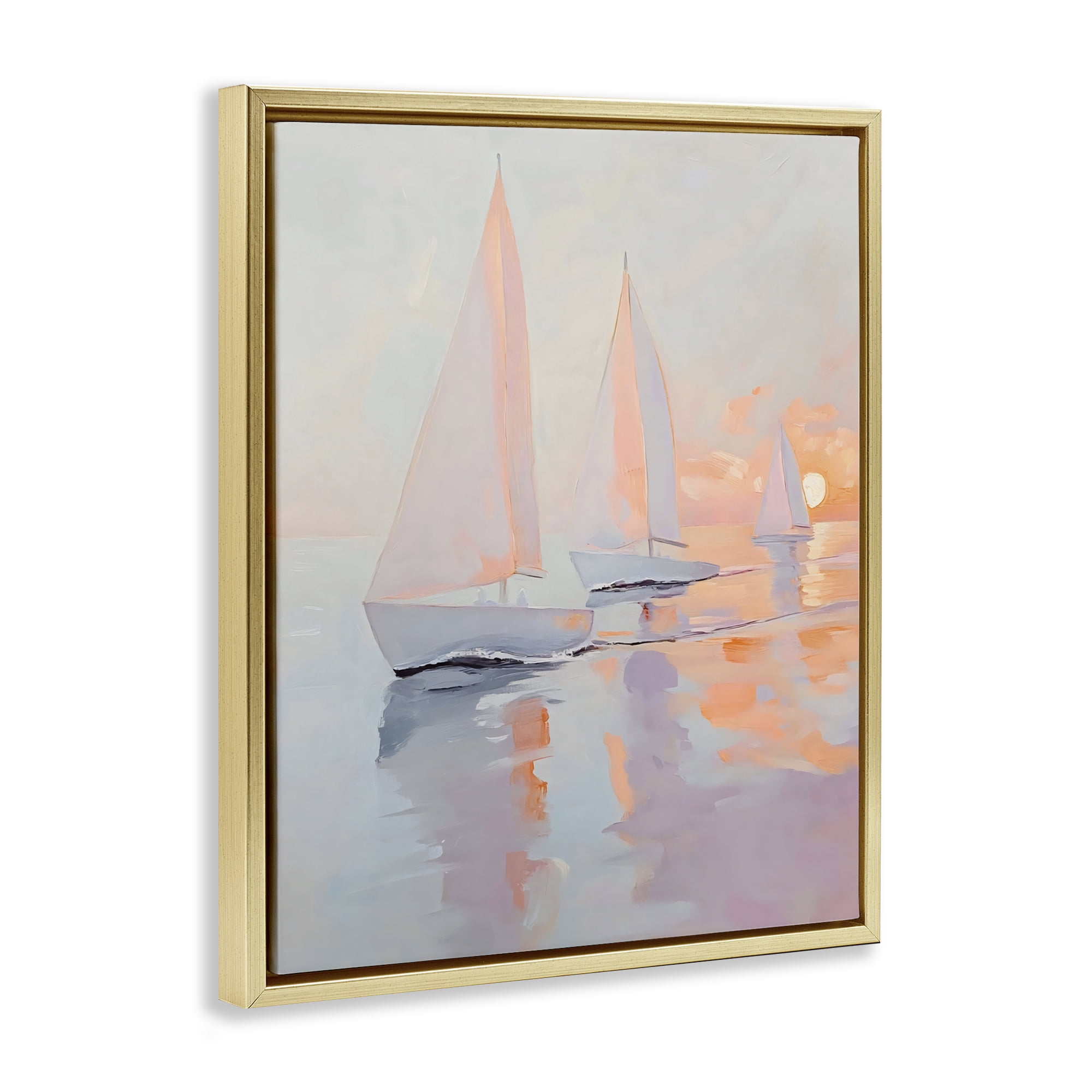 Stupell Industries Peach Sunset Sailboats on Sea Gold Framed Floater Canvas Wall Art, design by Creative Studio