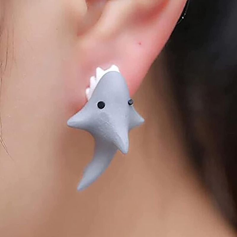 Sagton Cute Animal Bite Ear Earring 3D Clay Cartoon Animal Piercing Studs Earrings Handmade Polymer Animal Stud for Girls Women #001 Dinosaur Shark Hippo Corgi Studs Earrings 